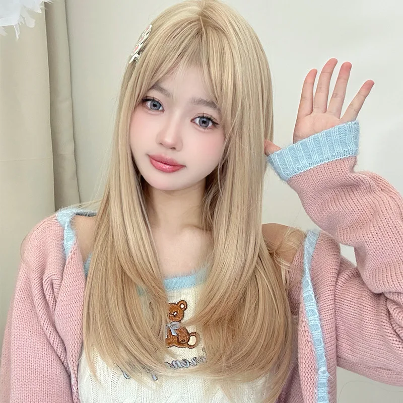 

Blonde Synthetic Wigs with Bangs for Woman Long Body Wave Hair Cosplay Lolita Party Natural Heat Resistant Wigs Fiber Daily Hair