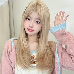 Syntetyczne blond peruki z grzywką dla kobiety długie włosy typu Body Wave Cosplay Lolita Party naturalne peruki termoodporne włókna codzienne włosy