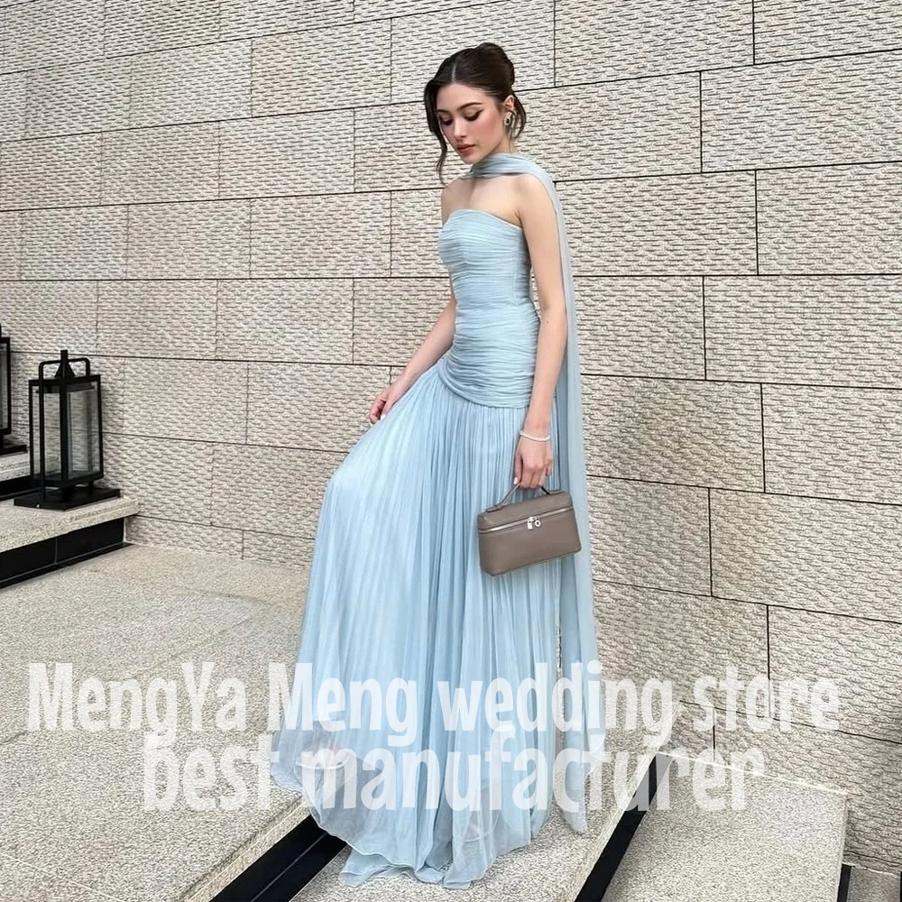

ZHUISHU Elegant Blue Strapless Pleat Evening Dress A line Chiffon Party Dress Floor Length Formal Occasion Dress Customized