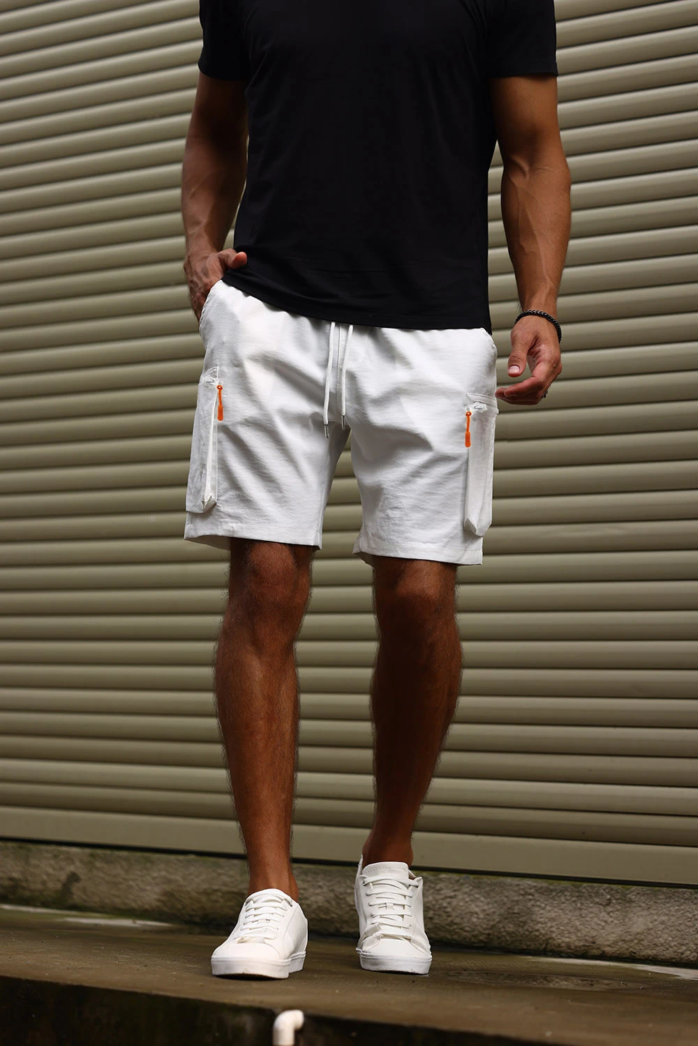 White Zipper Cargo Shorts With Contrast Pockets for Men