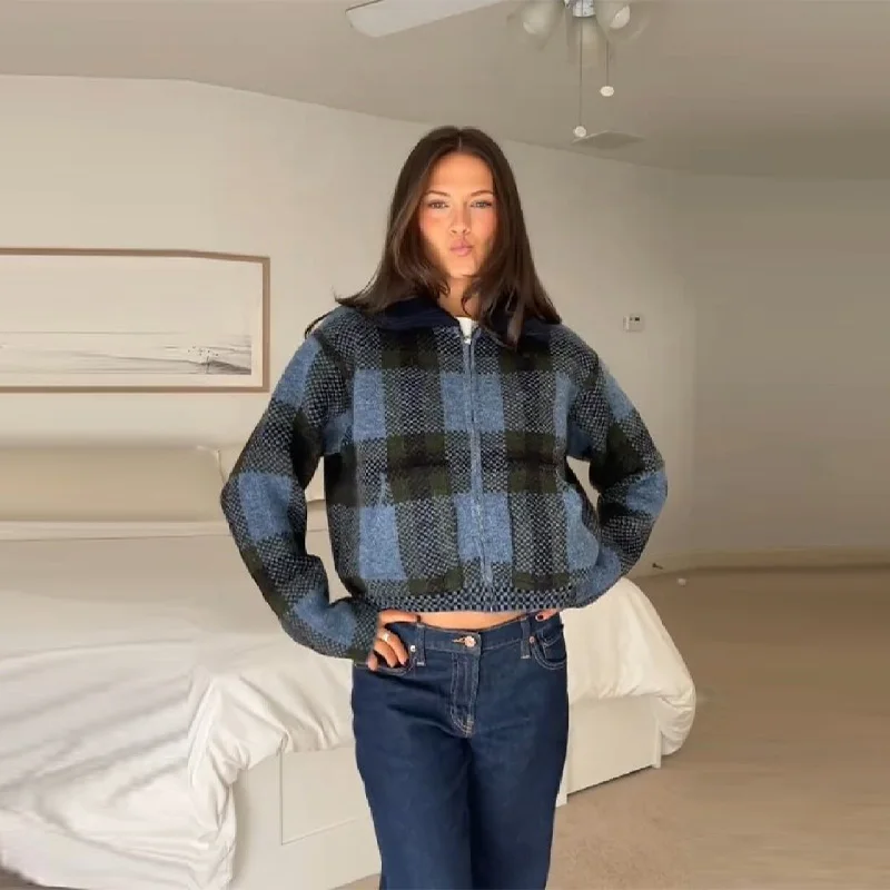 

Женская куртка-свитер на молнии с воротником, сине-зеленое клетчатое теплое пальто, женская одежда, 2024, новая женская модная одежда