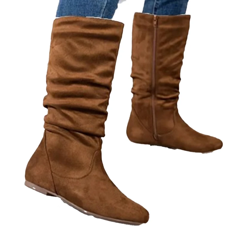 Women Knee High Boots Suede Flats Casual Chelsea Women Shoes Autumn Winter Designer Brand Large Size 36-43 2025 New Women Boots