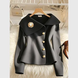 Unique and Super Beautiful Black Big Collar Jacket for Women's Spring Autumn Western-style Waist Cinching Casual Temperament Top