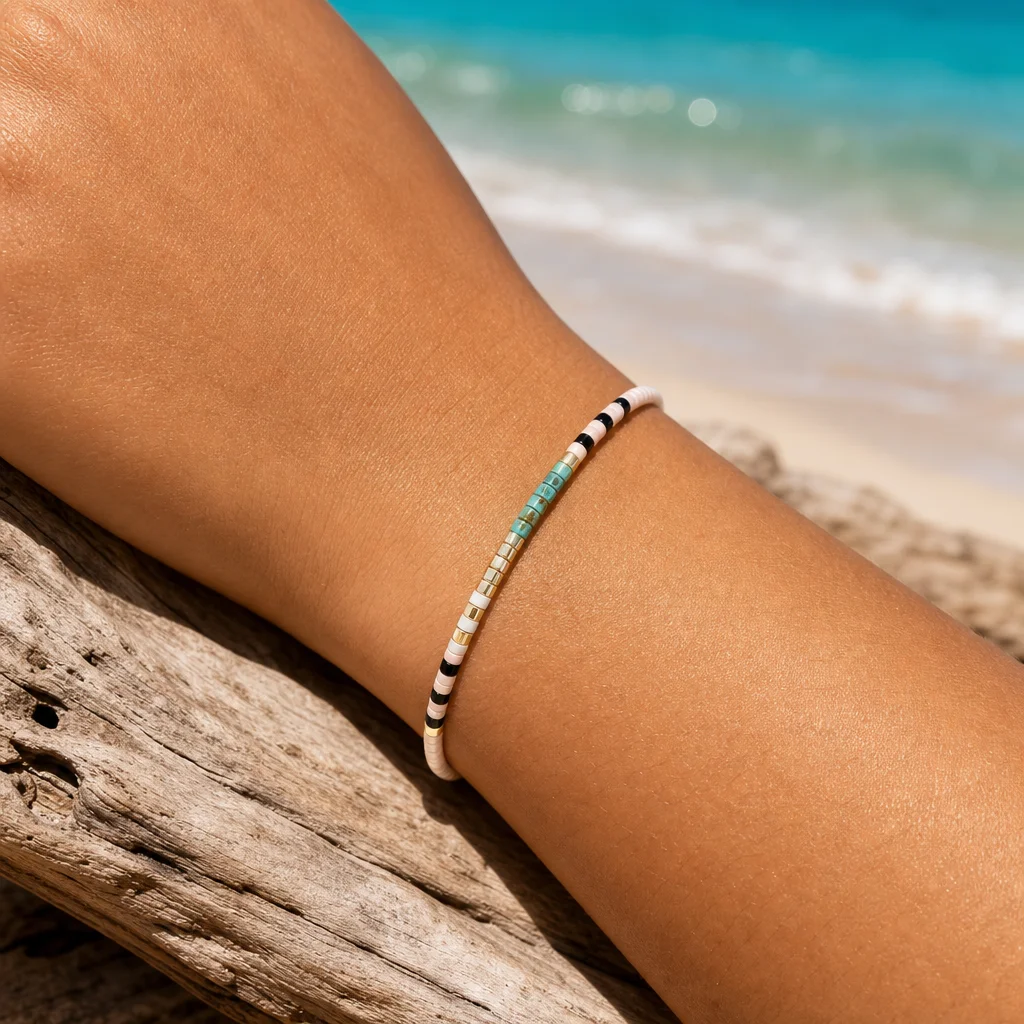 1pc Women's Bohemian Multicolor Geometric Glass Beaded Strand Bracelet with Adjustable Lace-Up Closure for Beach Wear