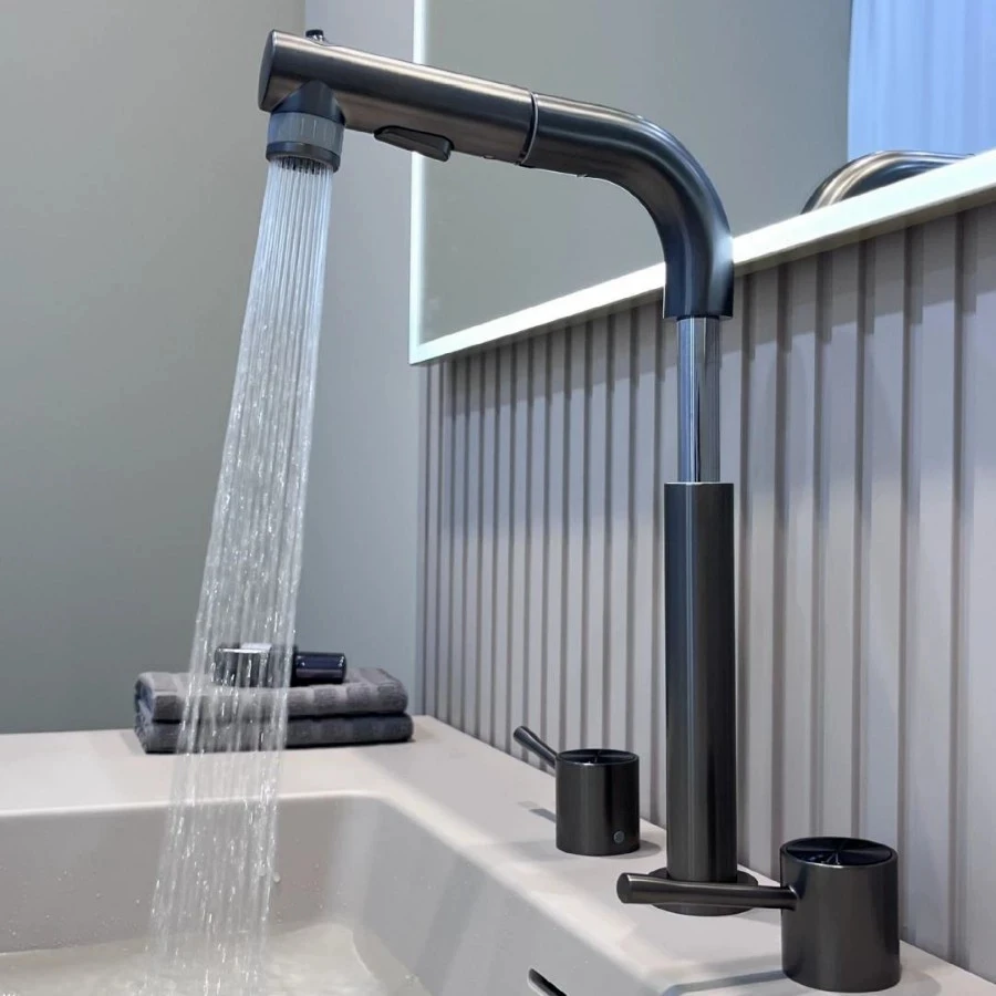 Brass Pull-Out Adjustable Bathroom Faucet Grey/Green Double-handle Three-hole Hot And Cold Mixed Water Bathroom Basin Faucet