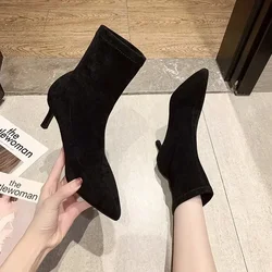 5/7/9CM Donne di Lusso Nero Flock Calzino Stivali A Spillo Sottili Tacchi Alti Elastico di Lavoro A Maglia Stivali Invernali In Tessuto Elasticizzato stivaletti