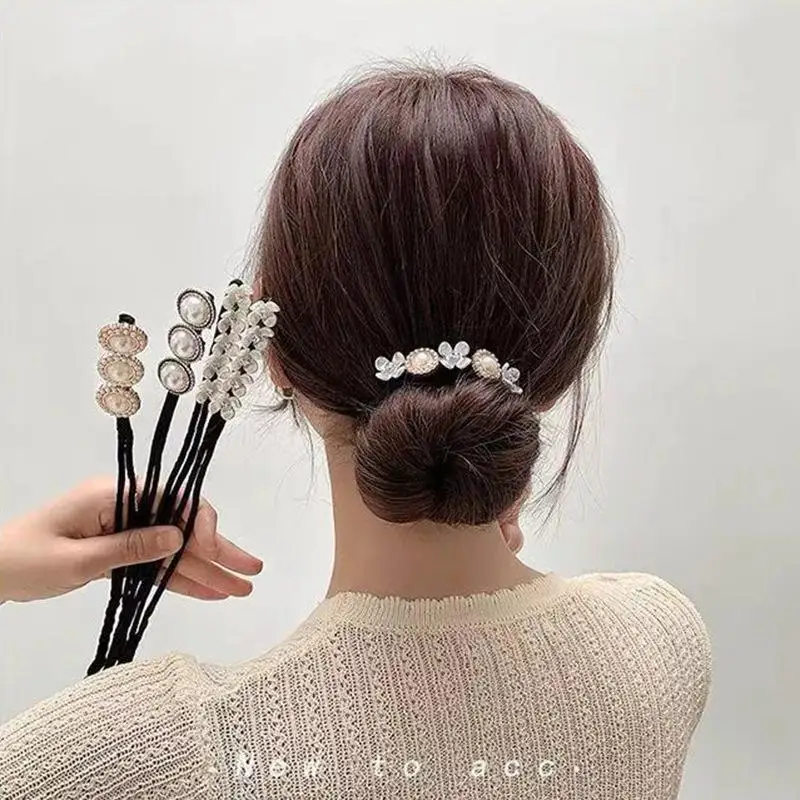 Koreanische Perlen-Haaraccessoires für Mädchen, Flauschige Haarballen, Blütenblatt-geflochtene Haarschleifen – Detail 3