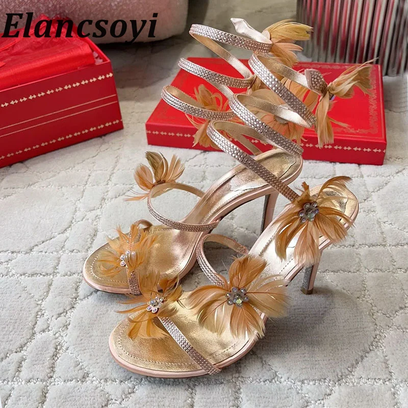 Sandals women's crystal feather snake wrapped ankle tie wedding shoes summer new 2026 sexy high-heeled sandals party shoes