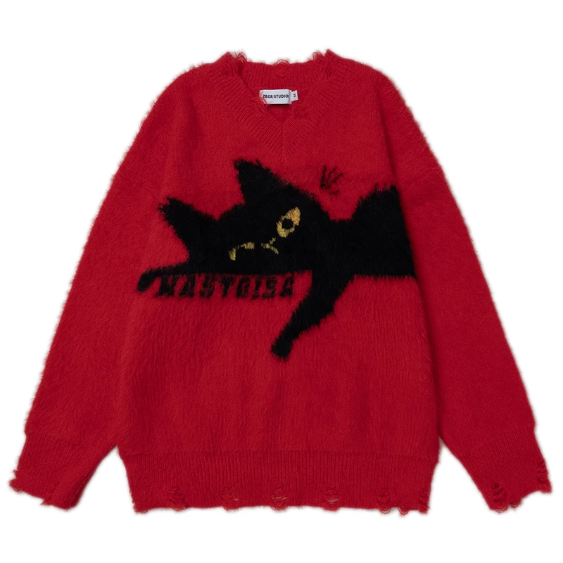 

Autumn Mens Knitted Jumper Sweaters Fuzzy Cat Jacquard Warm Pullovers Streetwear Harajuku Casual Loose Fit Knitwear Clothing
