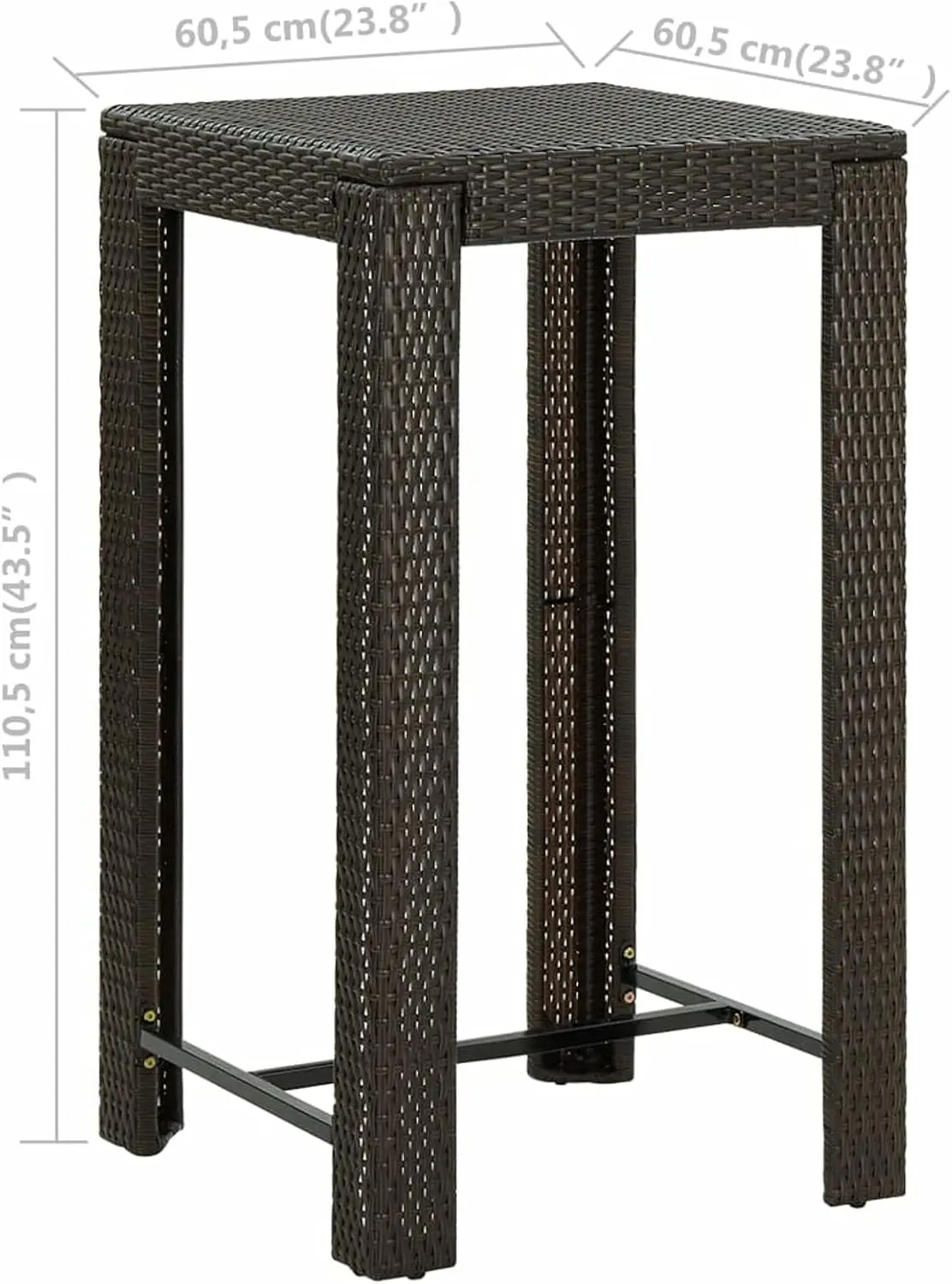 Tidyard Bar Table Brown Poly Rattan Square Bistro Table Counter Height Pub Table Steel Frame For Kitchen, Dining Room, Cafe