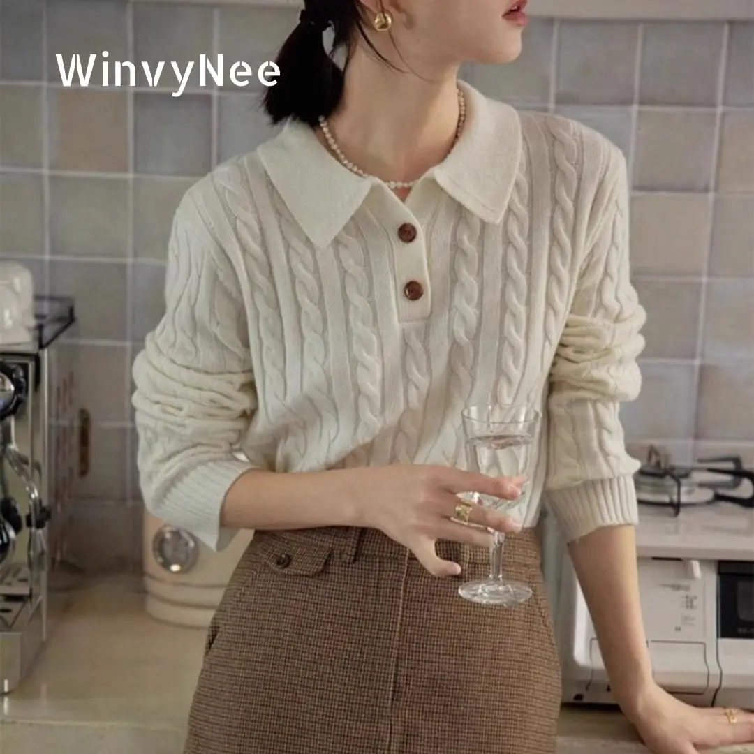 

WinvyNee женские шерстяные кофейные однотонные свободные пуловеры с длинными рукавами и воротником-поло, толстые пуловеры, мягкие вязаные топы, зимняя одежда A1113009