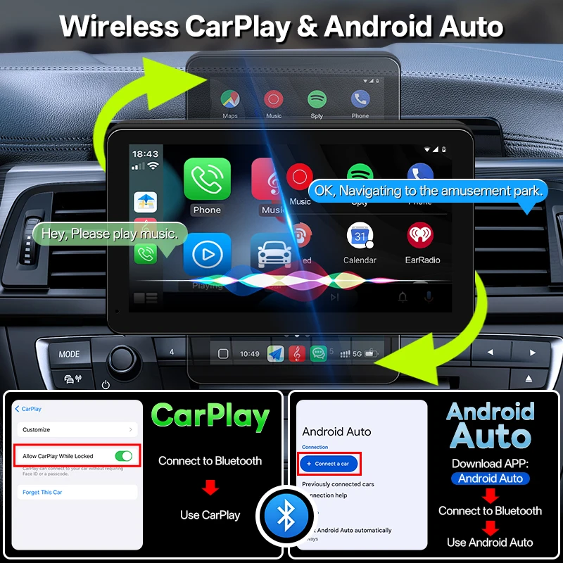 Hippcron 7 "راديو سيارة قابل للدوران لاسلكي Carplay أندرويد الملاحة التلقائية مشغل وسائط متعددة IPS شاشة تعمل باللمس USB مرآة بلوتوث