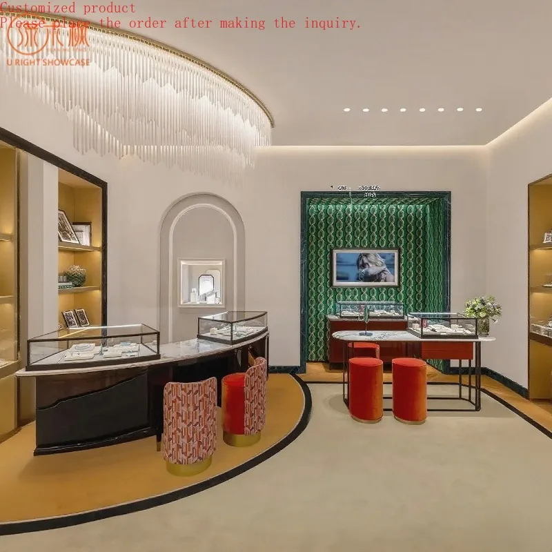 

Custom.Custom Luxury Curved Jewelry Display Cabinets Marble and Metal Design Universal for Luxury Jewelry and Watch Stores