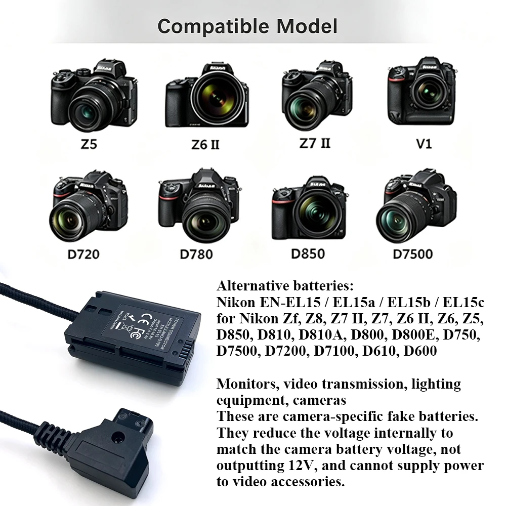 D-Tap to EN‑EL15  Dummy Battery Coiled Power Cable 22AWG*2C for Nikon Z6 Z7 Z8 D7500 D850 Camera Continuous Power Supply | black