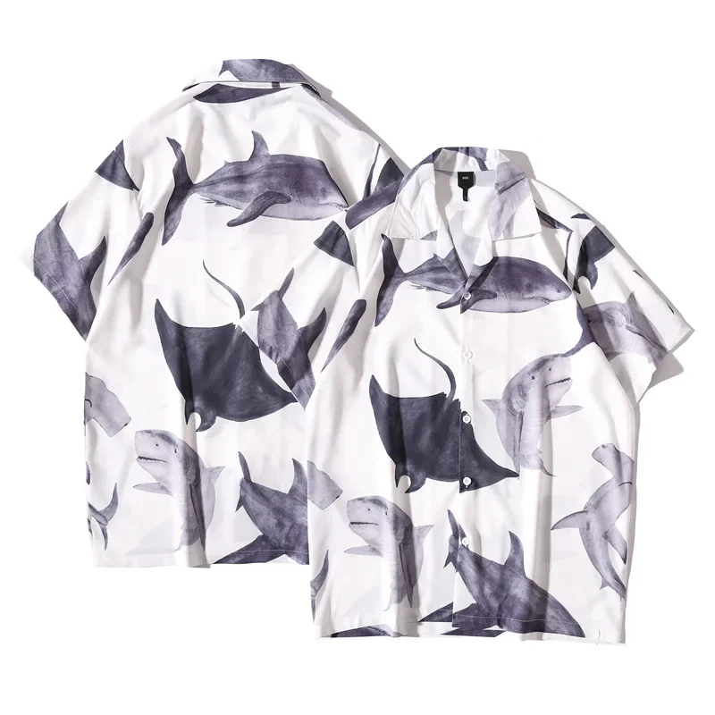 Men Summer Beach Hawaiian Shirt Short Sleeve Shark Print Casual Holiday Party Clothing Men High Street Casual Devil Fish Shirt