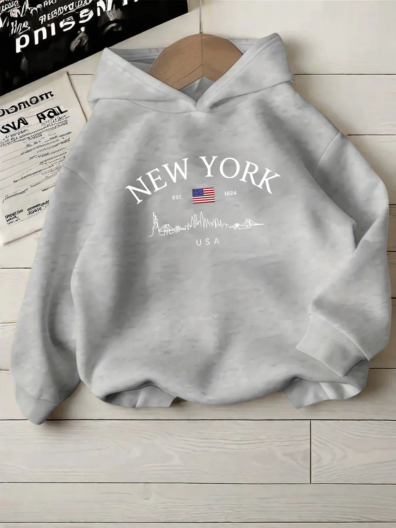 Kids Boys Girls New York USA Graphic Hoodie Black Printed City Sweatshirt School Clothes Birthday Present Autumn Winter