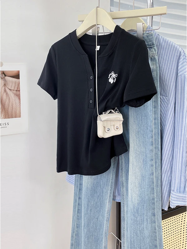 Slimming Pure Cotton V-Neck Short Sleeve T-Shirt Korean Style Commute Women's Casual Fashion Top Quality Comfortable Cotton