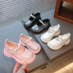 2025 Shoes NewGirls Leather Shoes for Party Wedding Kids Princess Rhinestones Shoes with Bow-knot Fashion Children