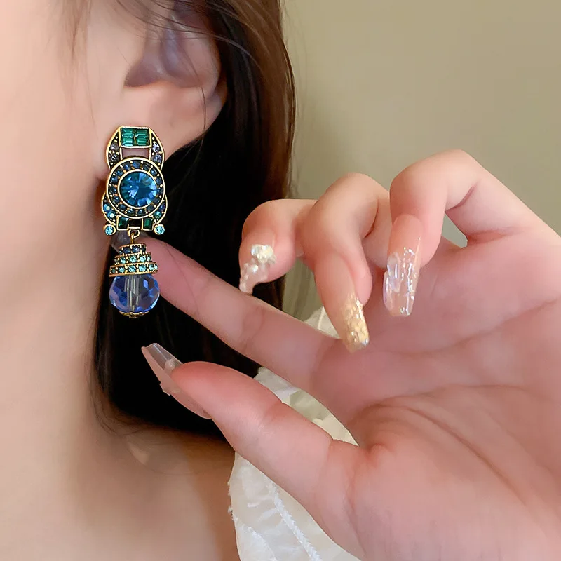 Women's Vintage Blue Water Drop Crystal Clip Earrings