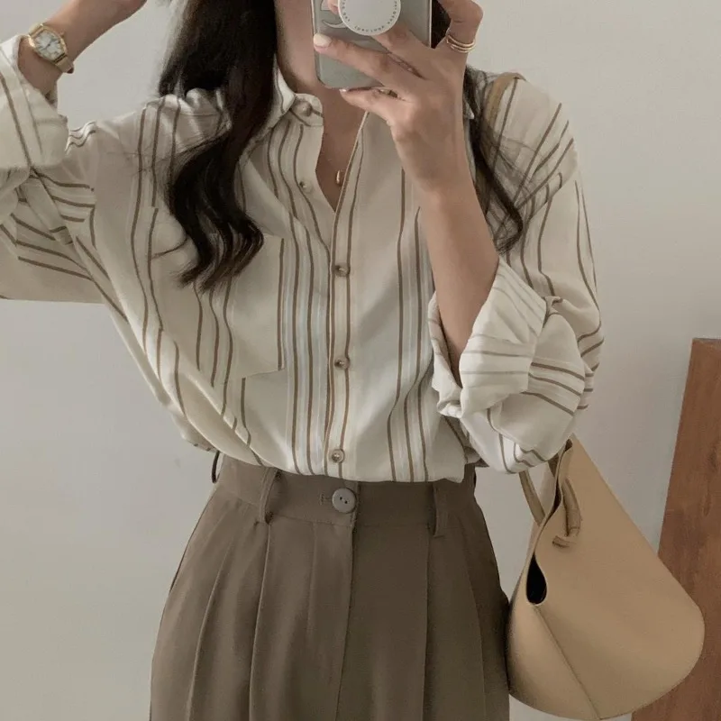 Striped Shirt for Women Elegant Social Women\'s Shirt Ladies Tops and Blouses Summer 2024 Long Sleeve Top Chiffon Blouse Tees