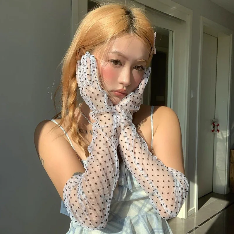 

Gothic Lolita Girl Gauze Wavy Dot Sheer Lace Mesh Long Gloves Japanese Sweet Maid Cosplay Accessory Stage Performance