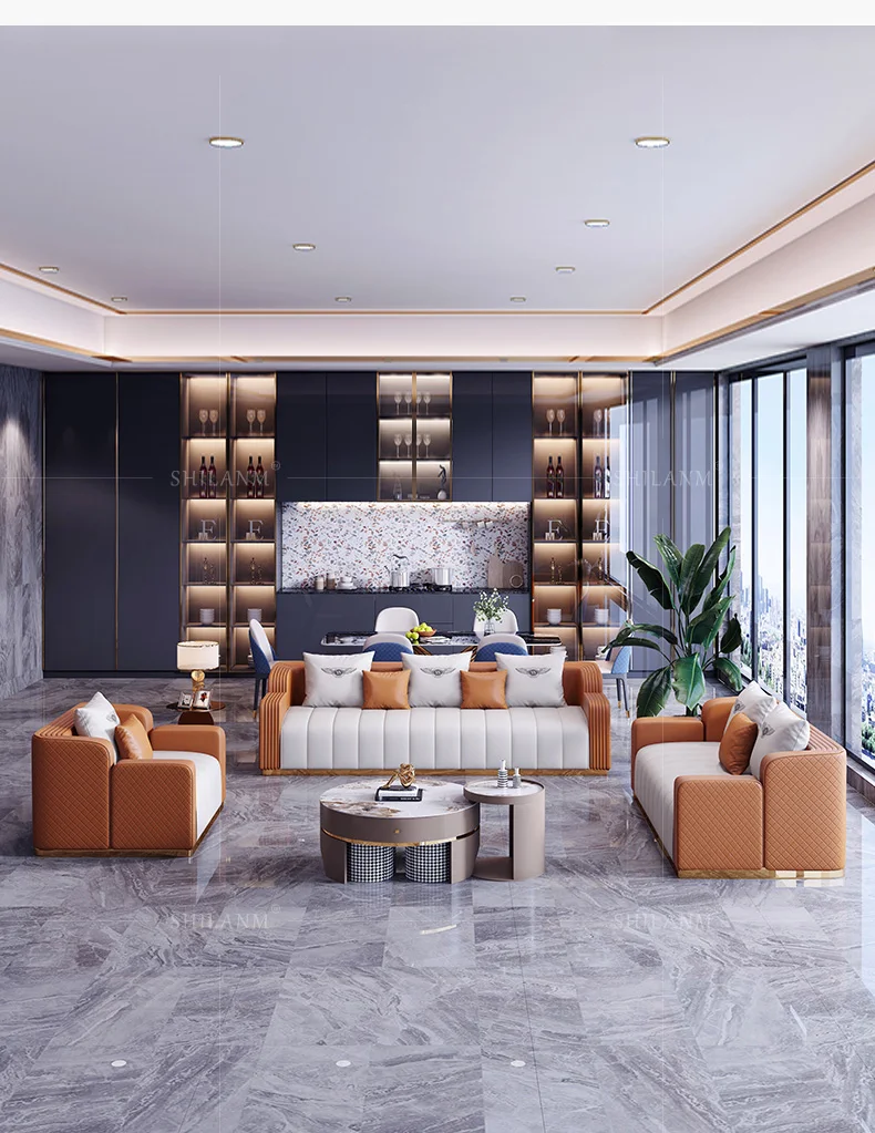Light Luxury Leather Sofa Combination Modern Minimalist Design High-End Three Or Four People Sofa Living Room Furniture