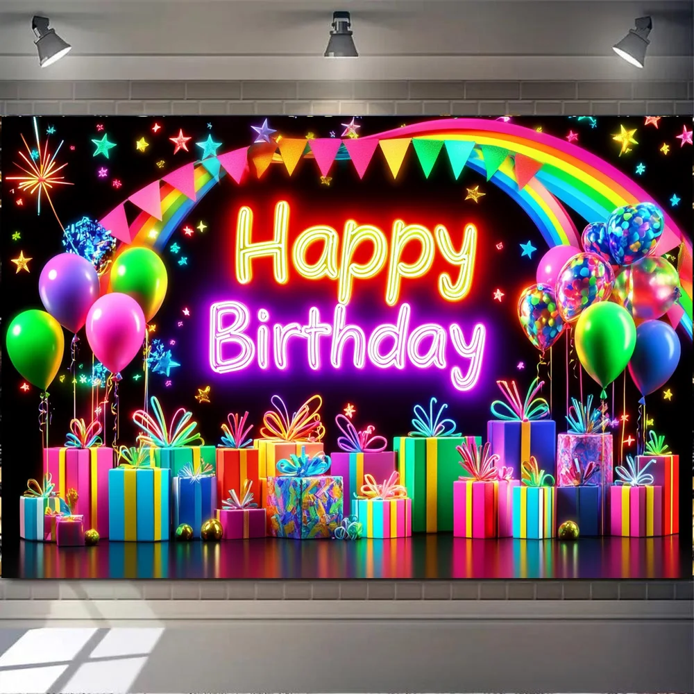

Colorful Happy New Year Happy Birthday Background Neon Glow Graffiti Family Celebrate Party Wall Decor Banner Photo Booth Props