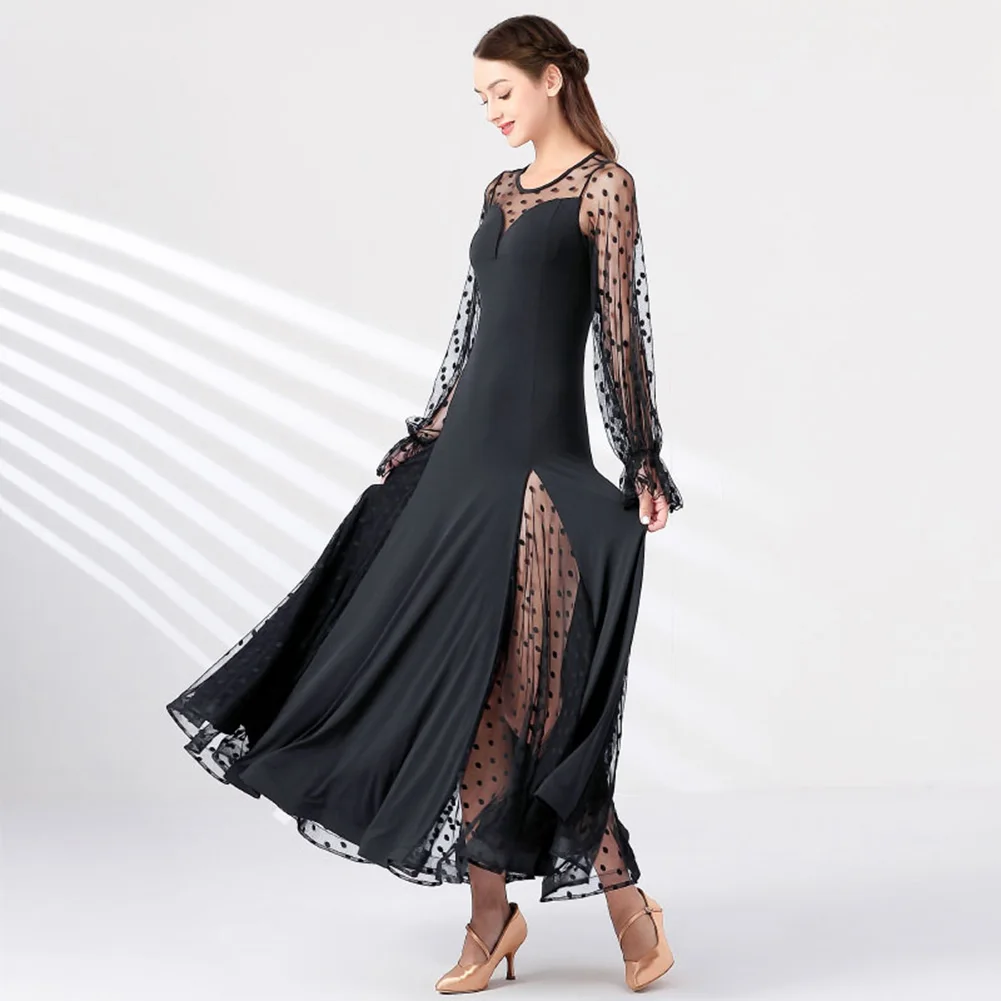 경쟁을위한 섹시한 왈츠 볼룸 드레스 라운드 넥 플라멩코 스커트 표준 댄스 드레스 경쟁 블랙 랜턴 슬리브 사용