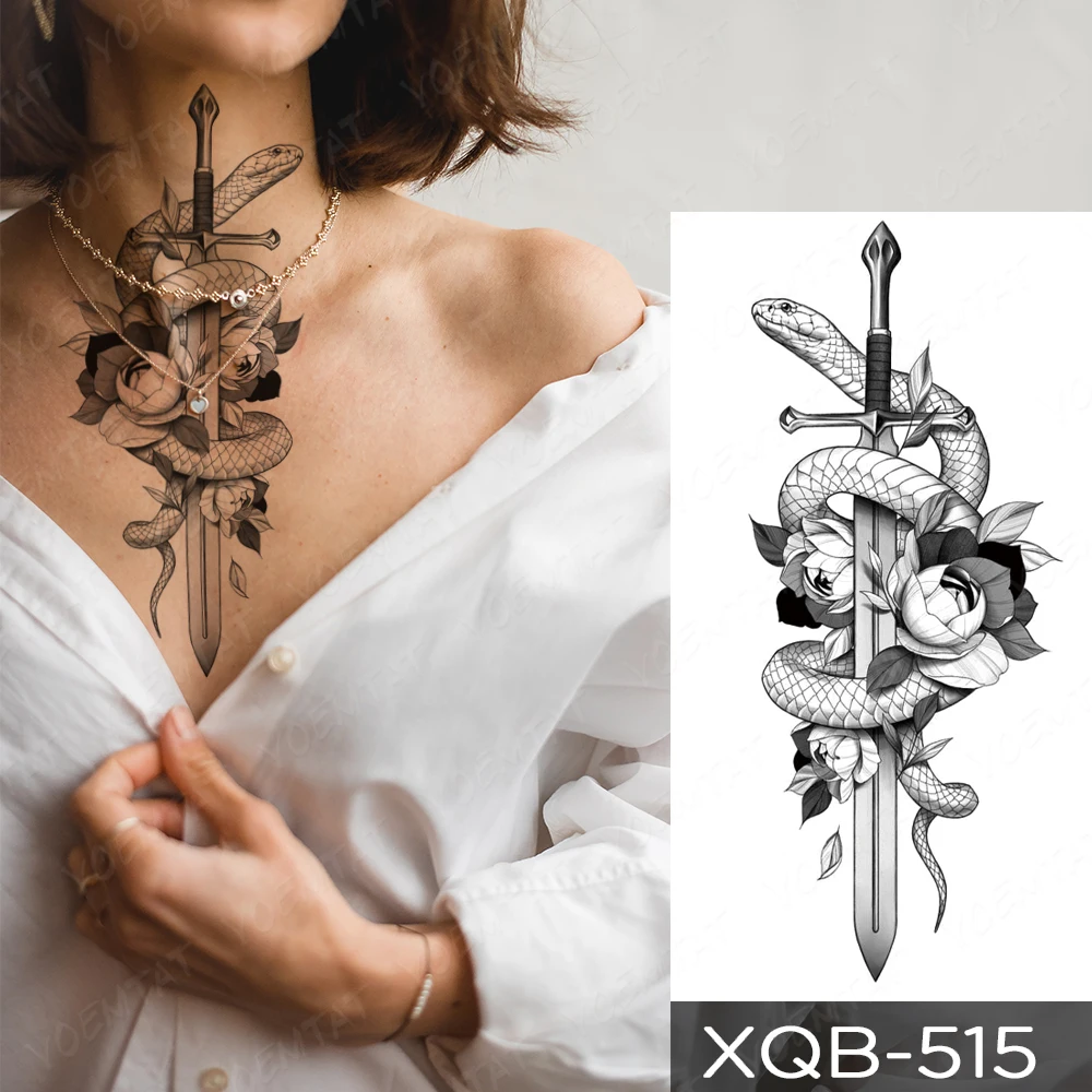 

Waterproof Temporary Tattoo Sticker Black Snake Dragon Totem Flash Tatto Sword Rose Arm Neck Body Art Fake Tattoos For Women Men