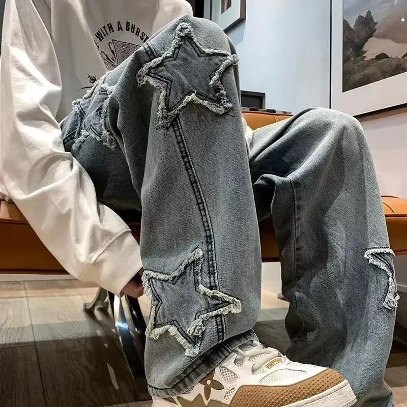 

High-street Jeans Trendy And Versatile Loose-Fitting Design Star Embroidery Straight Leg Wide-leg Pants