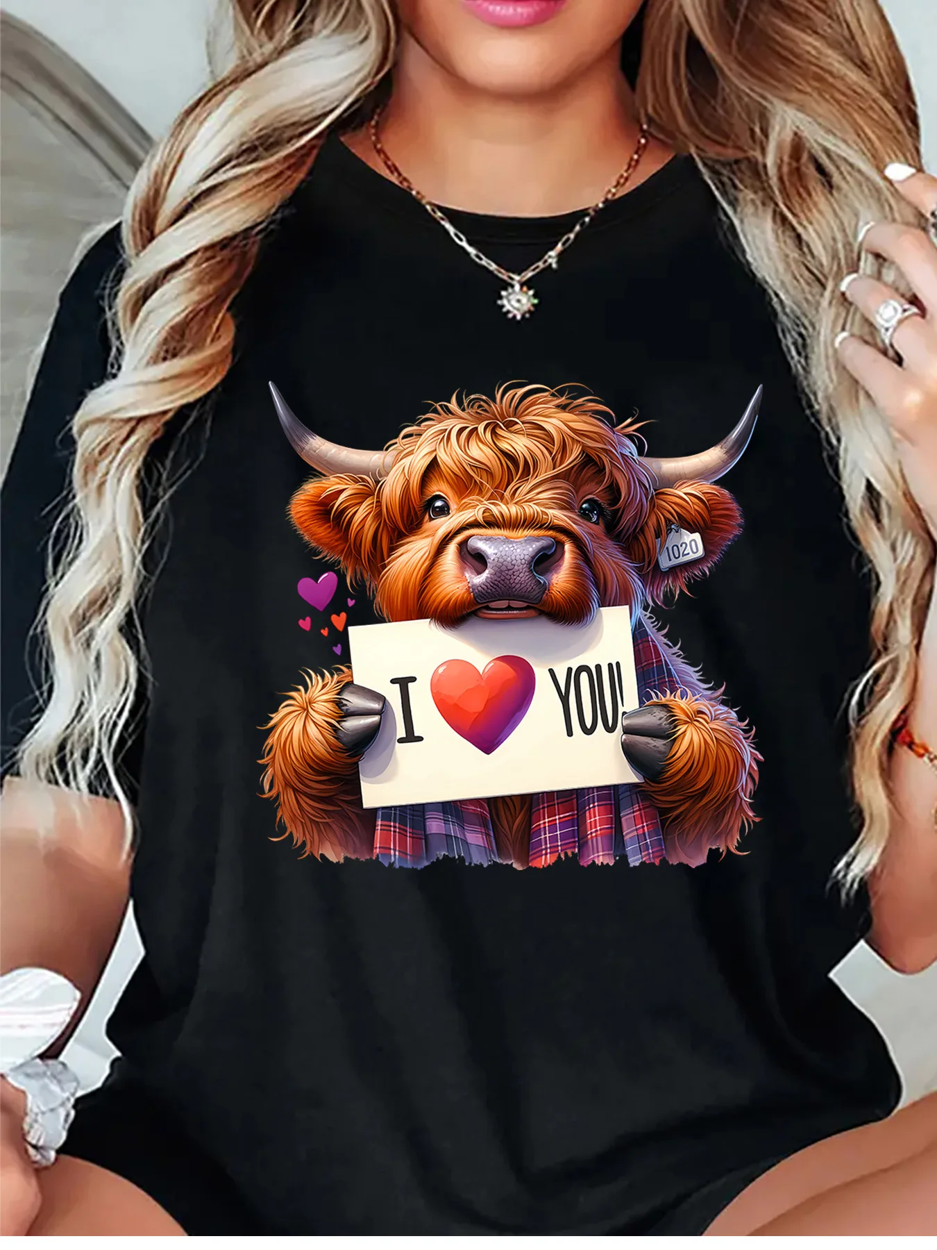 Womens O Neck Short Sleeve T Shirt Cute Highland Cow I Love You Heart Plaid Valentine Animal Graphic Casual Daily Ladies Tops