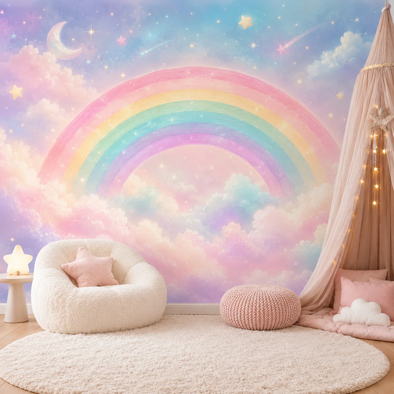 Dreamy Rainbow Cloud Wallpaper Mural, Children's Bedroom Kindergarten Pink Starry Sky Wall Decoration Non Self Adhesive