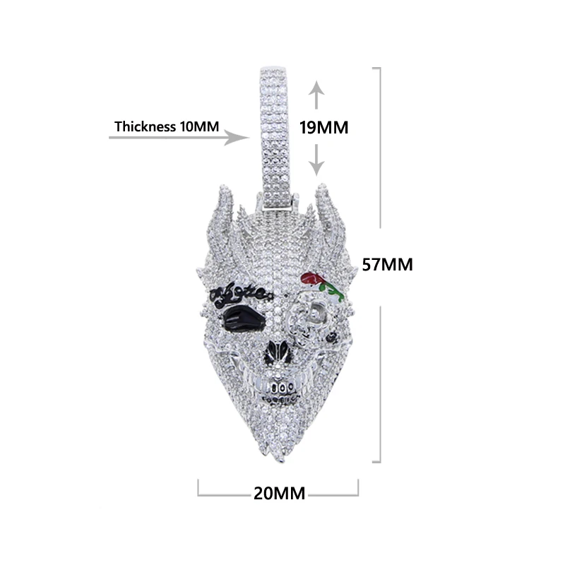 New Iced Out Bling Rose Eye Skull Pendant Necklace Gold Color Cubic Zircon Charm Hip Hop For Men Rock Jewelry
