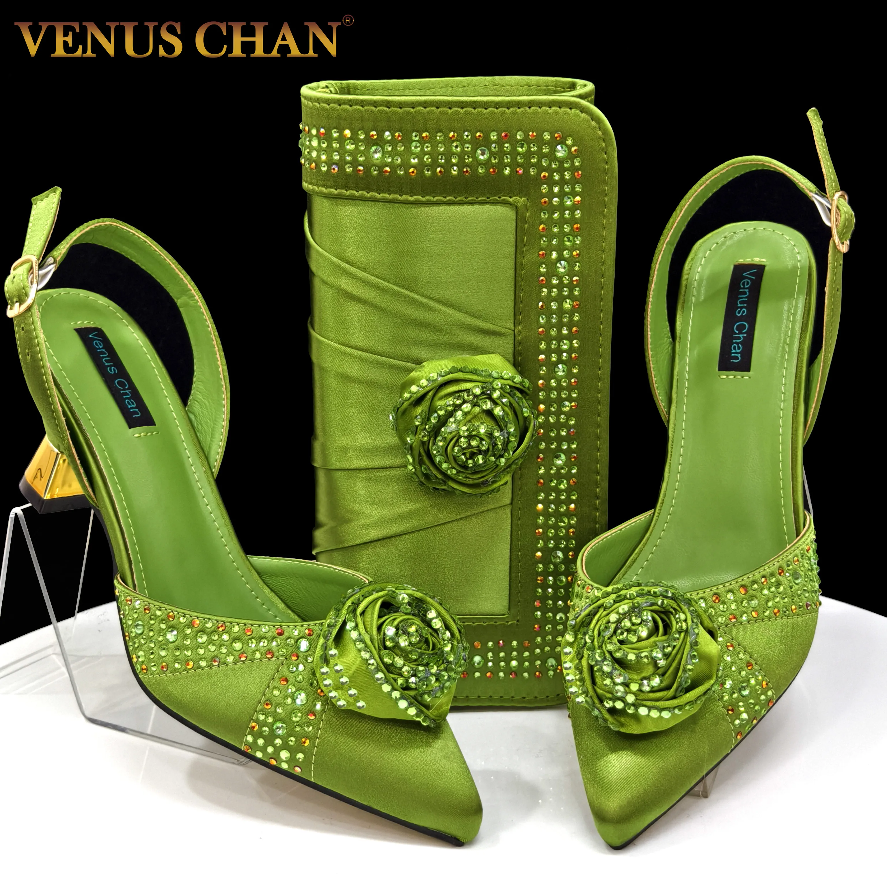 Venus Chan Sparkling Rhinestone Rose Pumps With Medium Heel for Nigerian Women's Party, Pointed Toe Shoes and Matching Bags