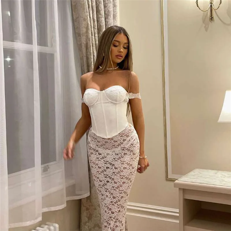 Robe de Bal en Dentelle Blanche pour Femme, Tenue de Soirée d'Été, Transparente, Gaine Slim, Jupe Longue, Vacances de Plage