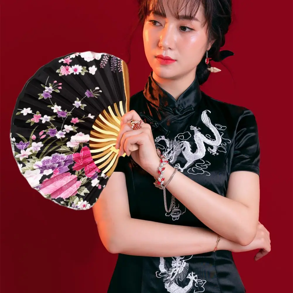 Hand Fold Fan Vintage Style Bamboo Wood Silk Flower Japanese Chinese Artificial Pink Wedding Girl Man Dance wedding Fan