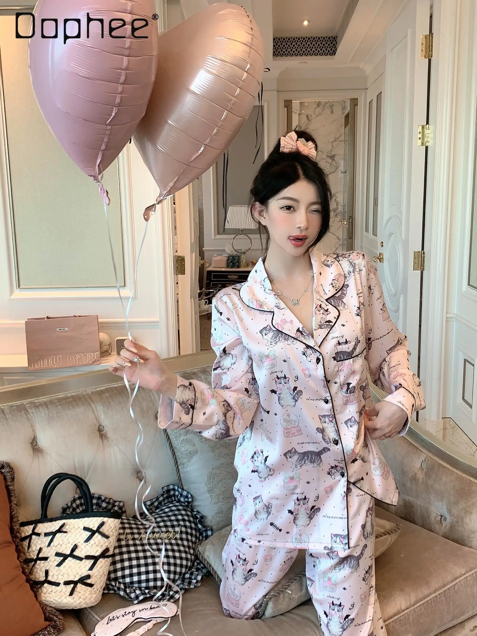 Girls Ice Silk Cute Loungewear Cat Print Pajamas Pink Sweet 2024 Autumn New Long Sleeve Lapel Shirt 2pcs Sleepwear Cartoon