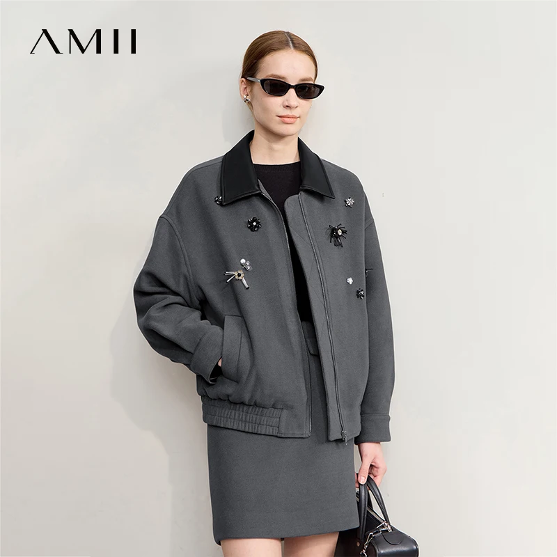 AMII Women's Jacket 2025 Winter New Loose Medium And Long PU Leather Top Female Lapel Warm Versatile Woolen Coat Woman 12554053