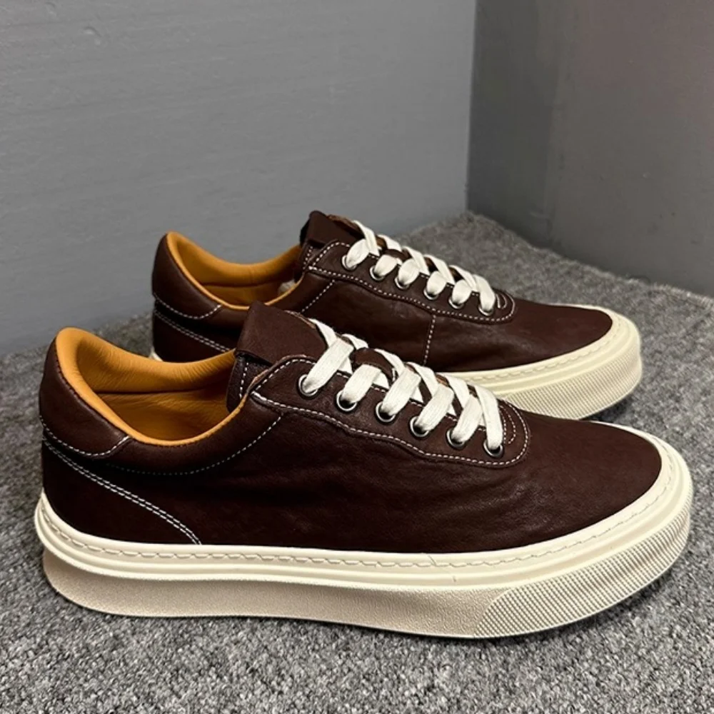 QHCCID Men's Breathable Genuine Leather round Toe Casual Shoes Solid Color Platform LaceUp Sneakers Versatile Cowhide Daily Wear