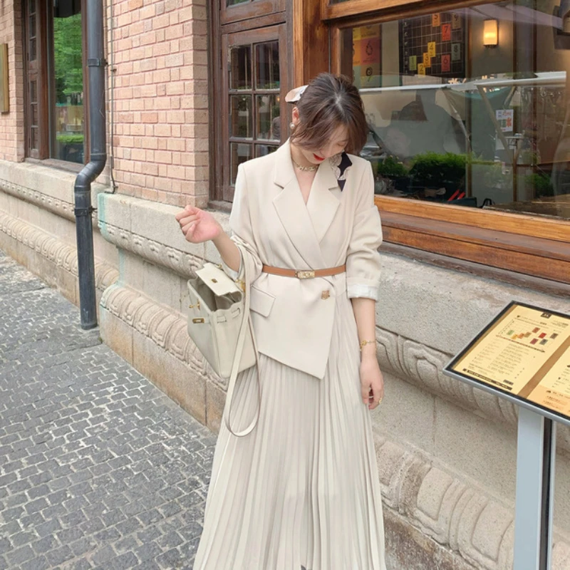 Women Blazer Dress 2024 Autumn New Korean Fashion Suit Spliced Pleated Long Dress Elegant Women Stylish Outfit OL Vintage Dress