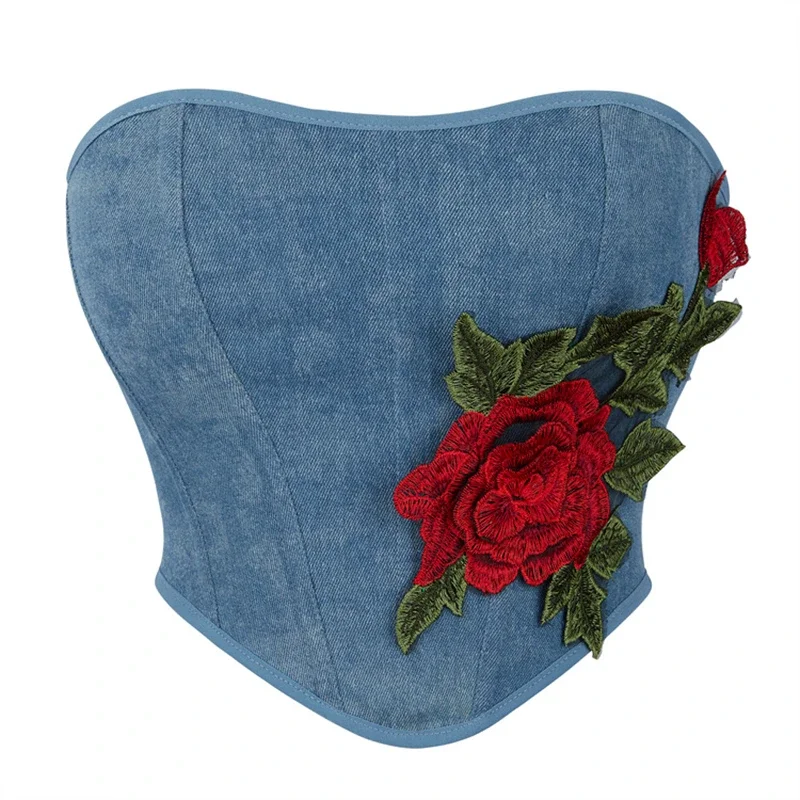 

Women Fashion Corsets Crop Tops Sexy Blue Denim Sewing Roses Decoration Bustier Vintage Streetwear Gothic Body Shaper Lingerie