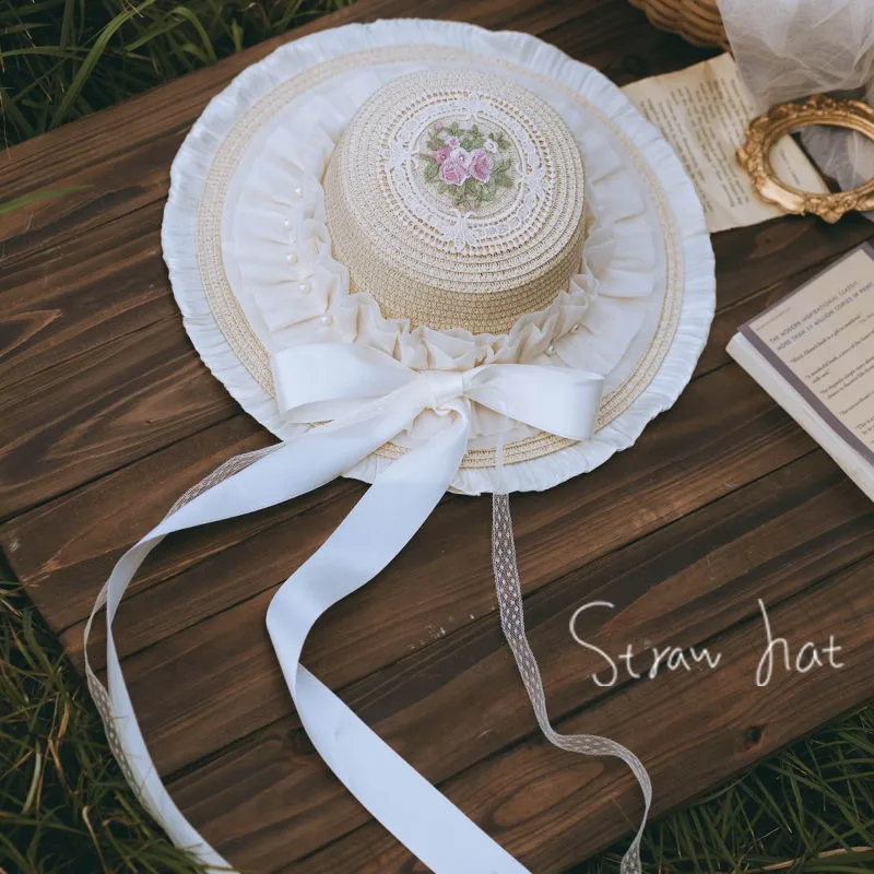 Original feito à mão doce lolita laço chapéu de palha elegante feminino vintage vitoriano flor fita bandagem chá festa mori menina boné plano