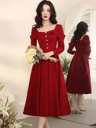 Women Red Long Sleeve Ruffled Square Collar Long Dress 2024 Korean Vintage Luxury Dance Party Dress Autumn Winter Elegant Dress