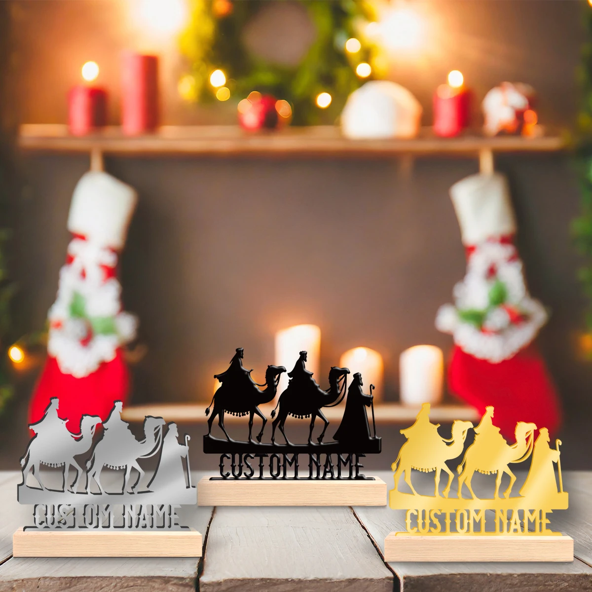1pc Desktop Metal Ornaments Custom Content Equipped with Wooden Base Gifts and Metal Decorations for Family and Friends