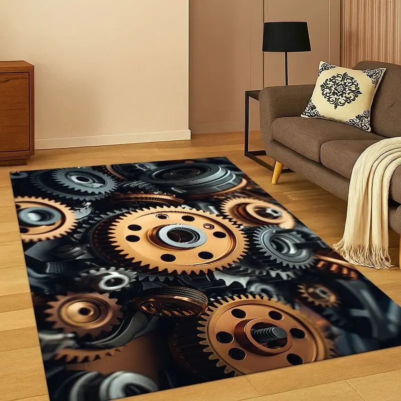 Retro Metal Mechanical Wheel Gear Carpet Rug for Bedroom Living Room Sofa Playroom Doormat Home Decor, Area Rug Non-slip