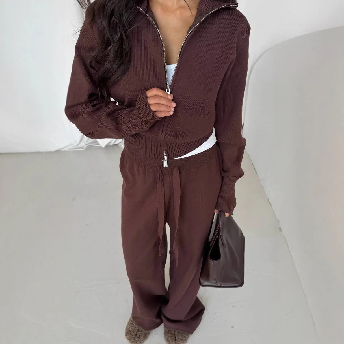 Simple Cotton Knitted Cardigan Wide Leg Pants Suit Autumn and Winter Women Fashion Loose Daily Office Jacket Straight Pants 2Pc
