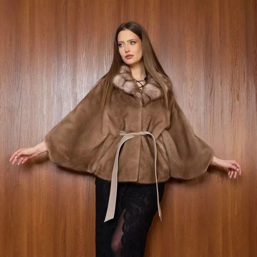 Women Faux Fur Cape Coat With Belt Shawl Collar Batwing Sleeve Loose Short Warm Winter Poncho Outerwear for Party Daily Wear