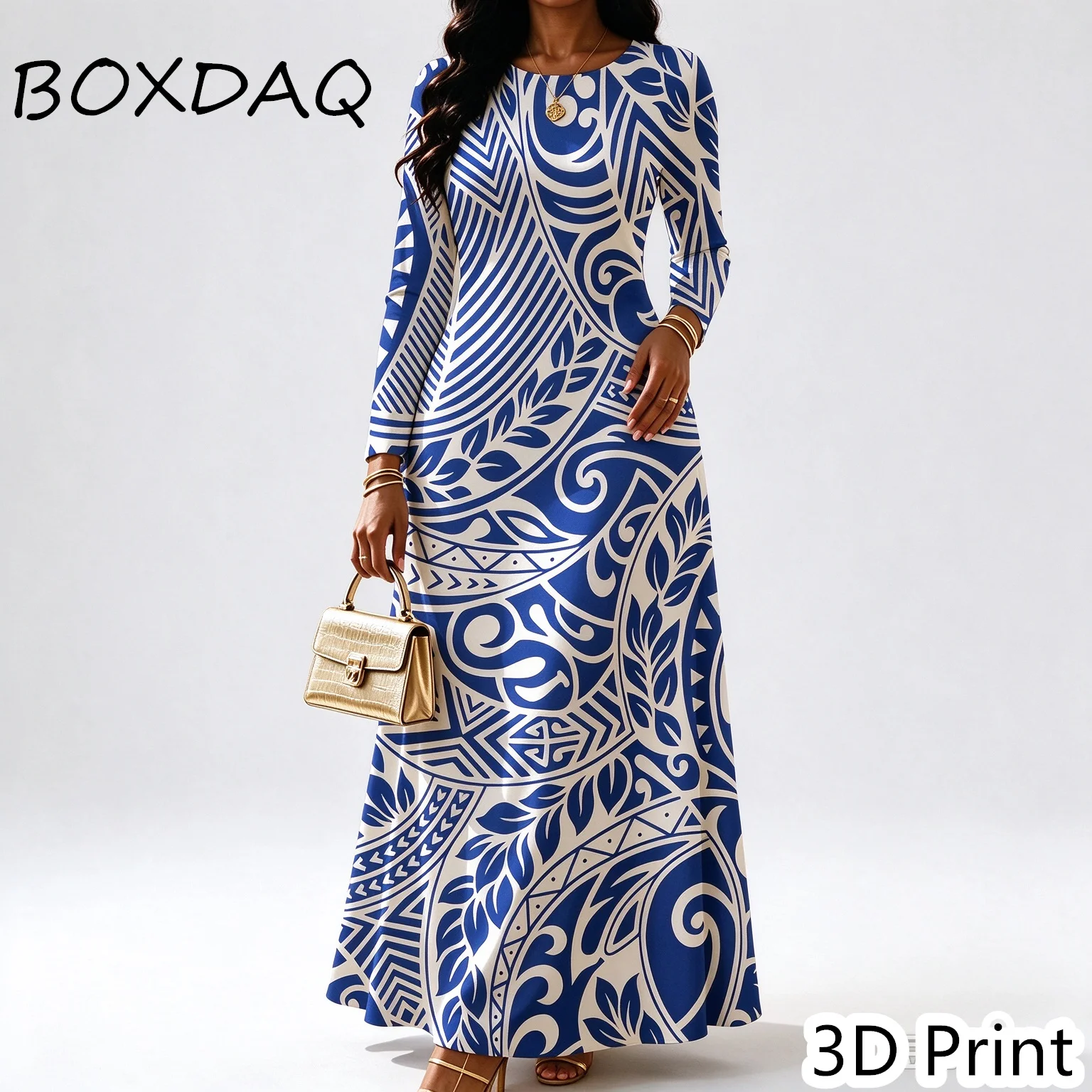 Autumn Winter Women Vintage Floral 3D Printed Maxi Dress Long Sleeve Crew Neck Loose A-line Dress Casual Elegant Daily Wear Robe