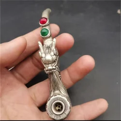 Vintage White Copper Inlaid Agate Smoking Pipe Creative Dragon Head Design Durable Metal Smoking Pipe for Grandfather Gift