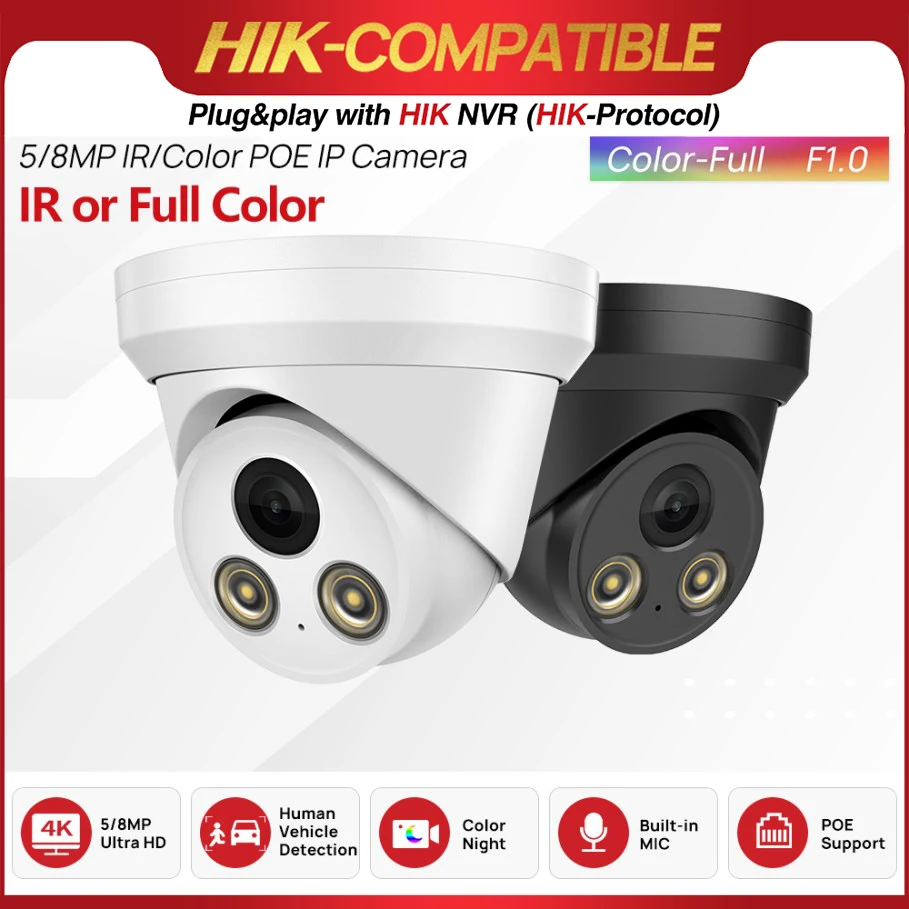 

8MP IP Camera PoE IR Full Color Night Vision 5MP CCTV Security Camera Plug&Play with HIK NVR Hikvision Compatible